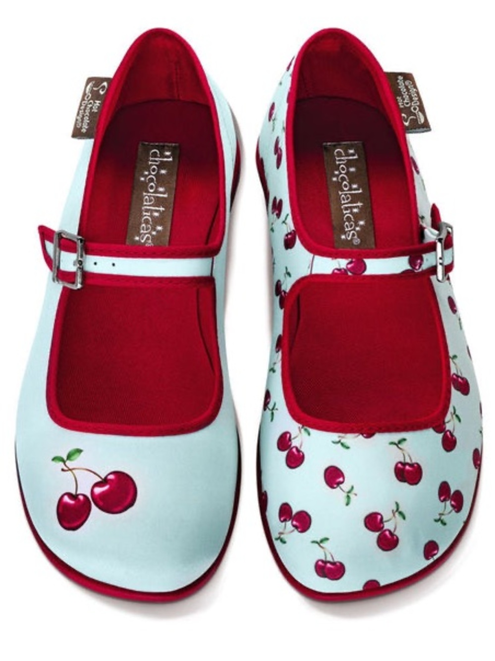 Girls' Cherry Print Mary Jane Dress Shoes in Light Blue & Red
